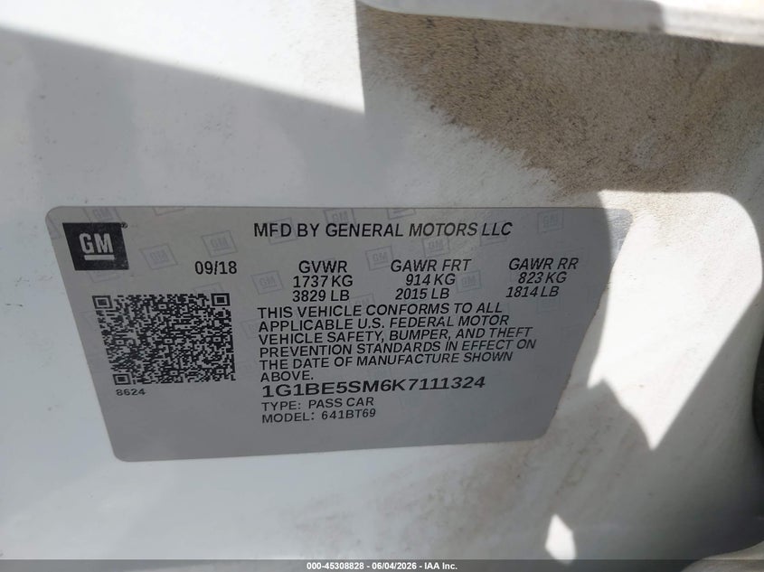 2019 Chevrolet Cruze Lt VIN: 1G1BE5SM6K7111324 Lot: 45308828
