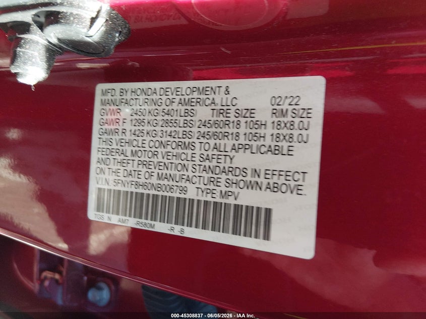 2022 HONDA PASSPORT 3.5L V-6 DI, VVT, 28(VIN: 5FNYF8H60NB006799