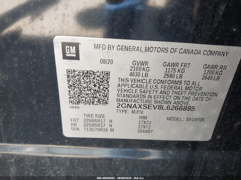 2020 Chevrolet Equinox Awd Ls VIN: 2GNAXSEV8L6266885 Lot: 45308852