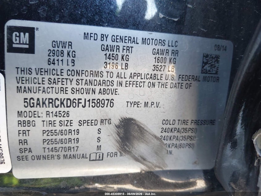 2015 Buick Enclave Premium VIN: 5GAKRCKD6FJ158976 Lot: 45308915