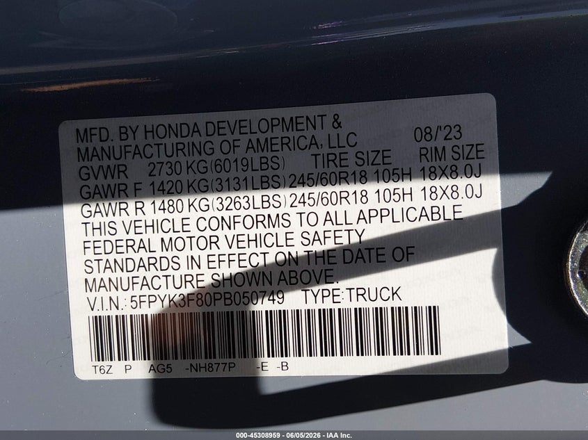 2023 HONDA RIDGELINE 3.5L V-6 DI, VVT, 28(VIN: 5FPYK3F80PB050749