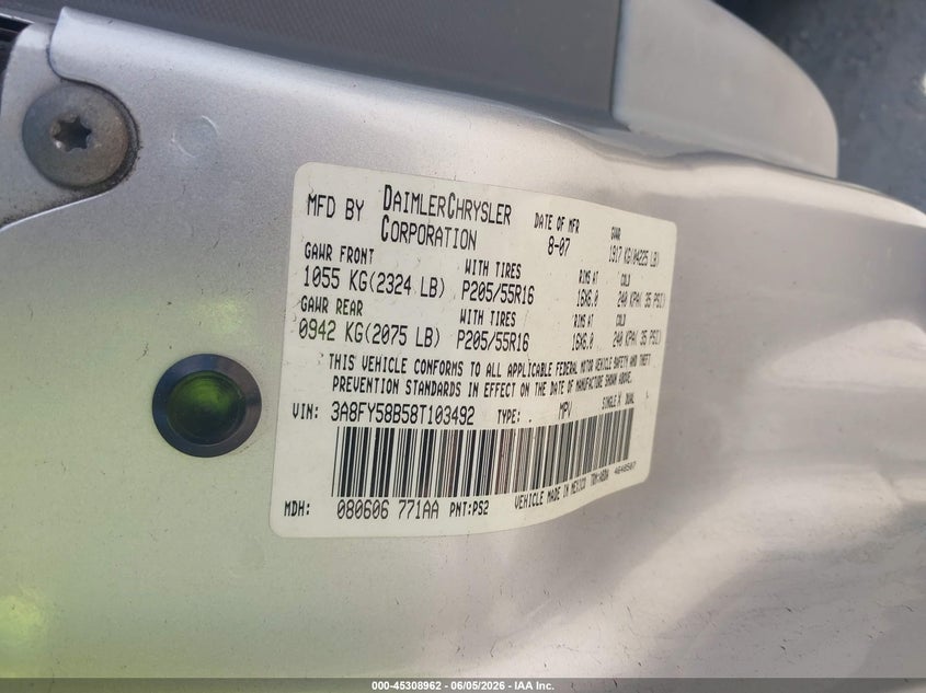 2008 Chrysler Pt Cruiser Touring VIN: 3A8FY58B58T103492 Lot: 45308962