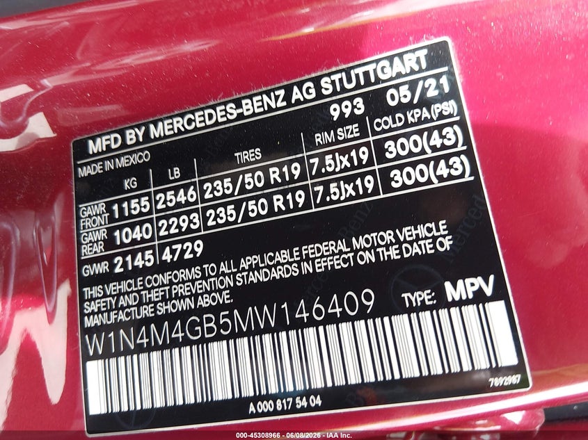 2021 Mercedes-Benz Glb 250 VIN: W1N4M4GB5MW146409 Lot: 45308966