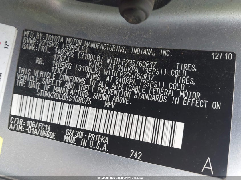 2011 Toyota Sienna Le V6 VIN: 5TDKK3DC0BS108675 Lot: 45309076