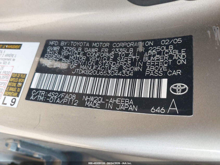 2005 Toyota Prius VIN: JTDKB20U653044334 Lot: 45309139