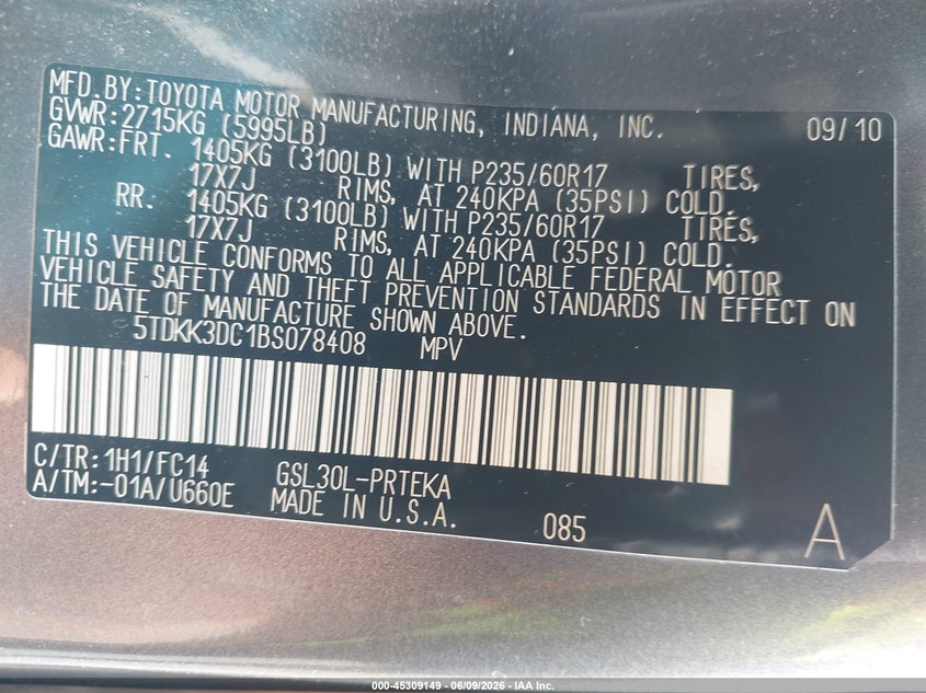 2011 TOYOTA SIENNA VAN 3.5L V-6 DOHC, VVT, 265HP