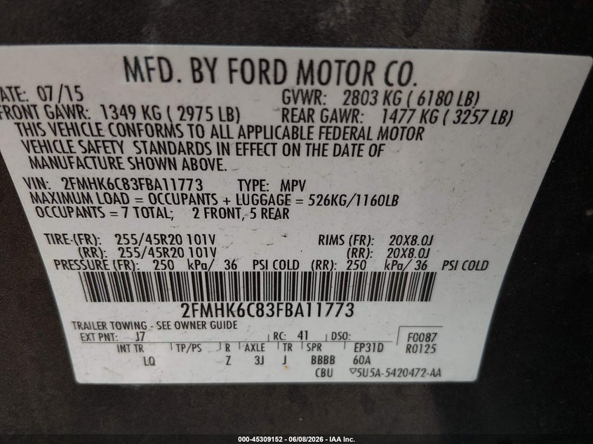 2015 FORD FLEX SPORT UTILITY VEHICLE 3.5L V-6 DOHC, VVT, 287HP