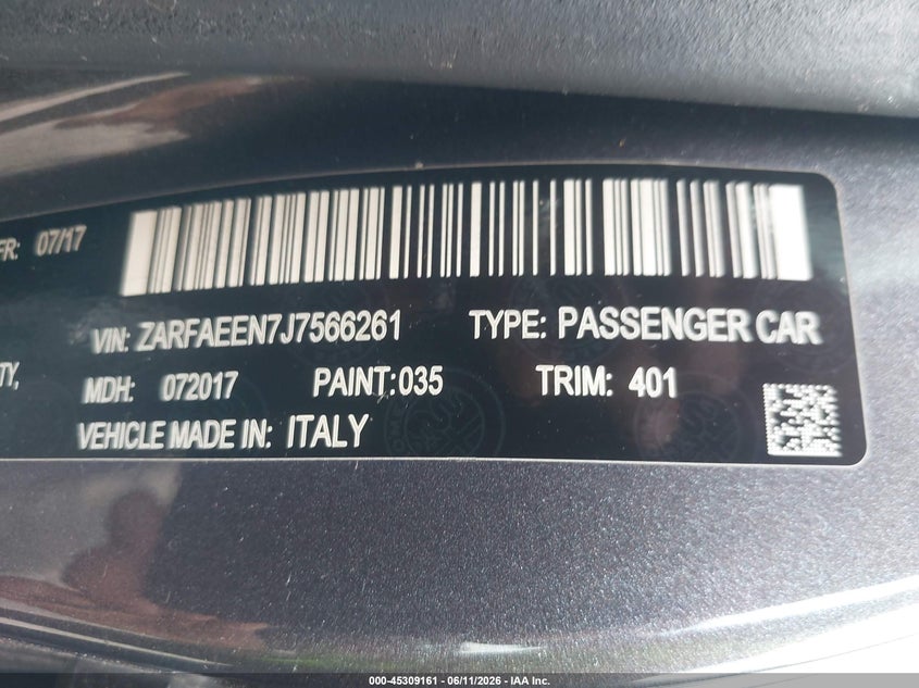 2018 Alfa Romeo Giulia Ti Sport Awd VIN: ZARFAEEN7J7566261 Lot: 45309161