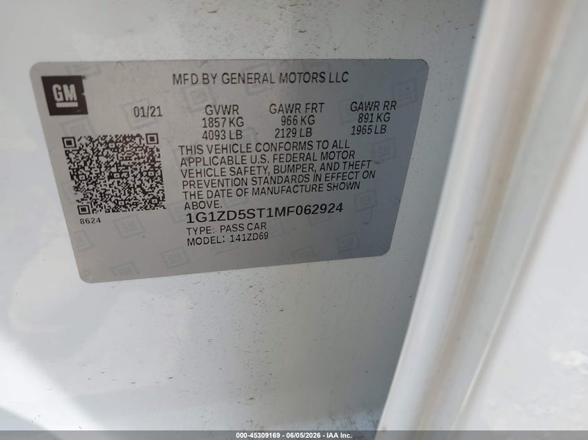 2021 CHEVROLET MALIBU 1.5L I-4 DI, DOHC, V(VIN: 1G1ZD5ST1MF062924