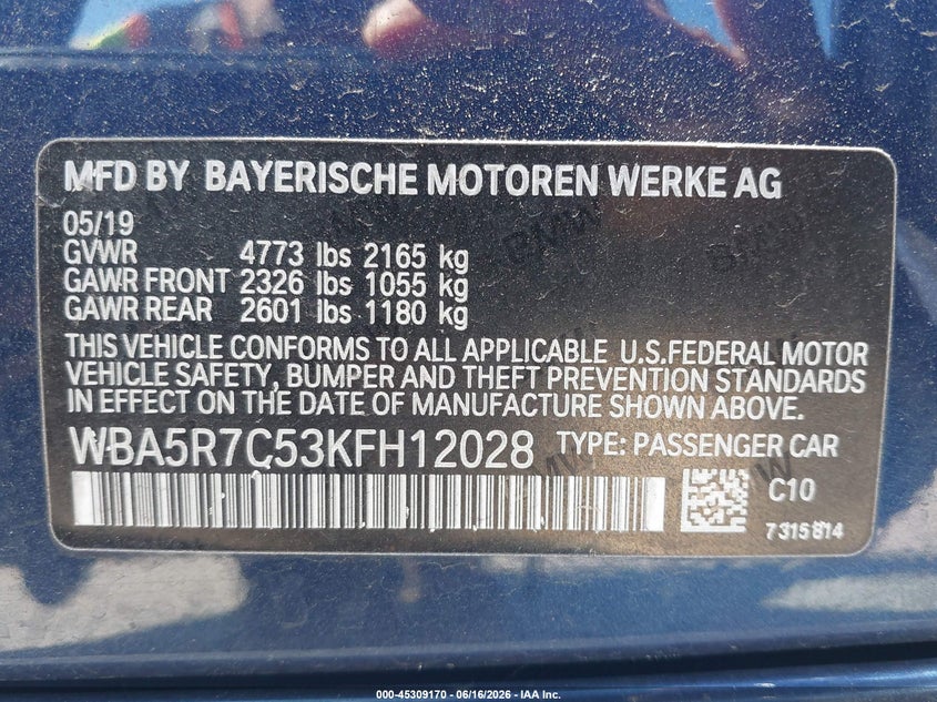 BMW 330I 2019 VIN WBA5R7C53KFH12028