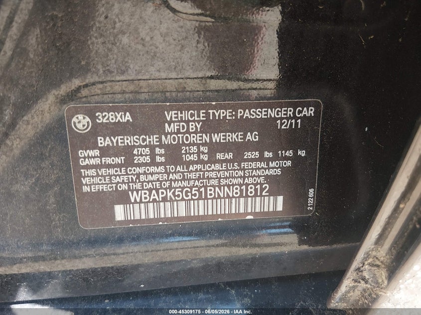 2011 BMW 328I xDrive VIN: WBAPK5G51BNN81812 Lot: 45309175