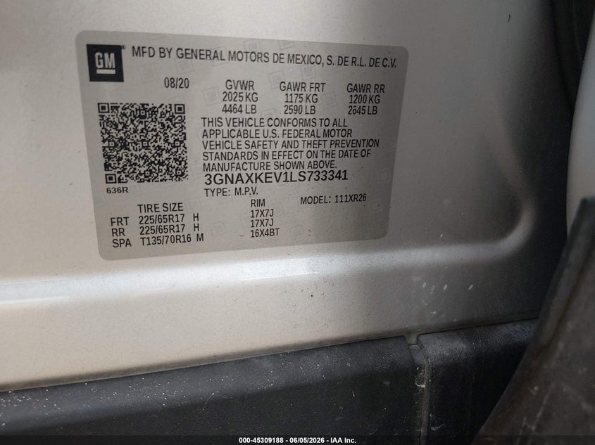 VIN 3GNAXKEV1LS733341 2020 CHEVROLET EQUINOX FWD LT 1.5L TURBO