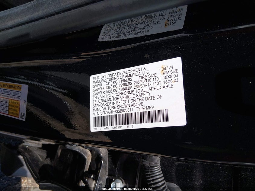 2025 Honda Pilot Trailsport VIN: 5FNYG1H63SB020311 Lot: 45309193