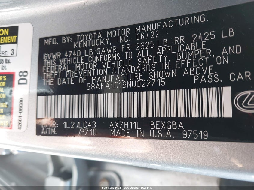 2022 Lexus Es 300H Ultra Luxury VIN: 58AFA1C19NU022715 Lot: 45309194