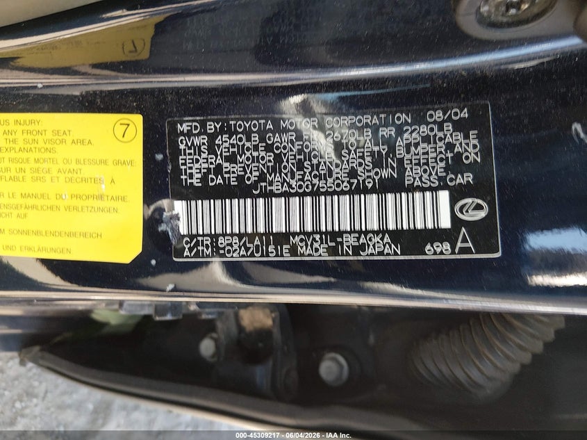 2005 Lexus Es 330 VIN: JTHBA30G755067191 Lot: 45309217