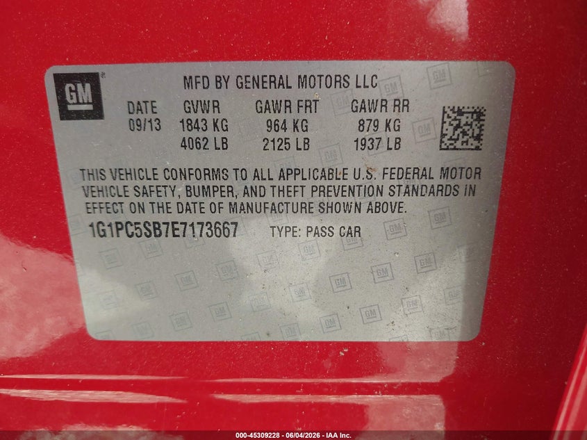 2014 Chevrolet Cruze 1Lt Auto VIN: 1G1PC5SB7E7173667 Lot: 45309228