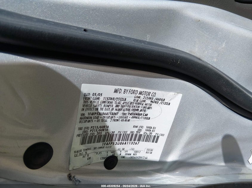 2006 Ford Taurus Se VIN: 1FAFP53U86A113267 Lot: 45309254