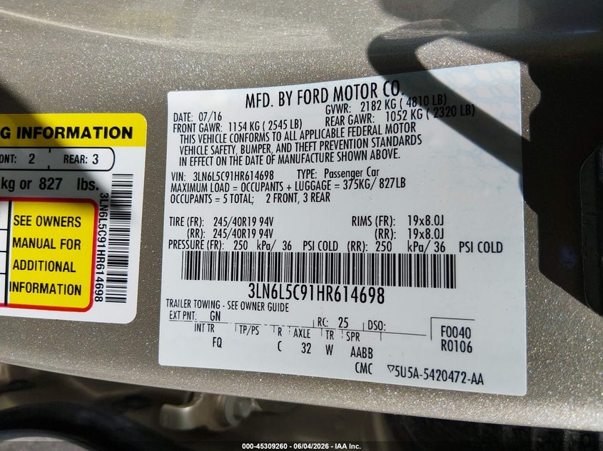2017 Lincoln Mkz Select VIN: 3LN6L5C91HR614698 Lot: 45309260