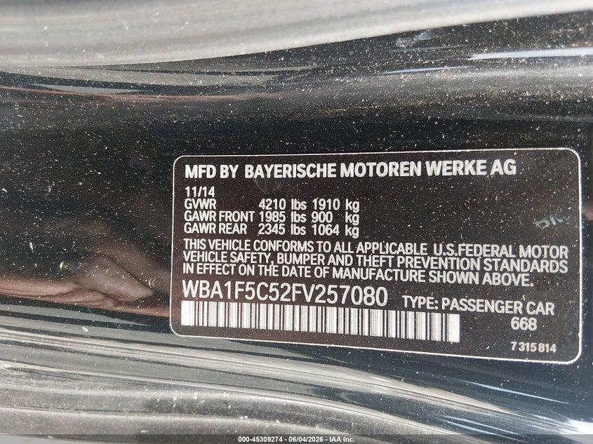 2015 BMW 228I VIN: WBA1F5C52FV257080 Lot: 45309274