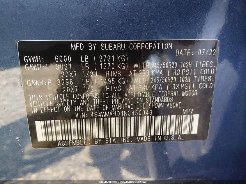 2022 Subaru Ascent Onyx Edition VIN: 4S4WMAJD1N3450943 Lot: 45309299