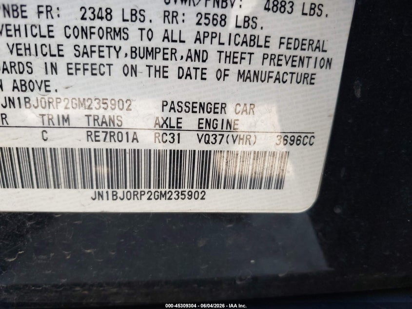 2016 Infiniti Qx50 VIN: JN1BJ0RP2GM235902 Lot: 45309304