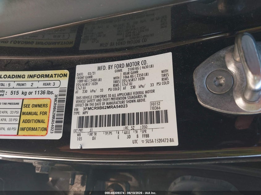 2021 Ford Bronco Sport Big Bend VIN: 3FMCR9B62MRA54023 Lot: 45309374