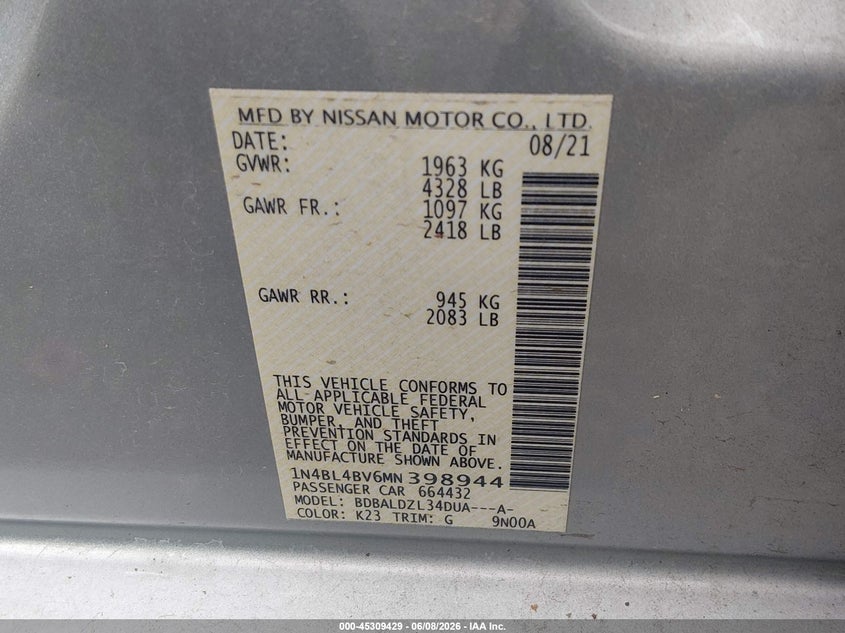 VIN 1N4BL4BV6MN398944 2021 NISSAN ALTIMA S FWD