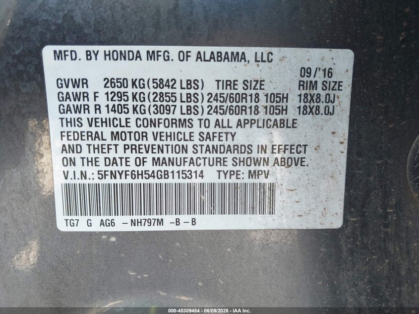 2016 Honda Pilot Ex-L VIN: 5FNYF6H54GB115314 Lot: 45309484