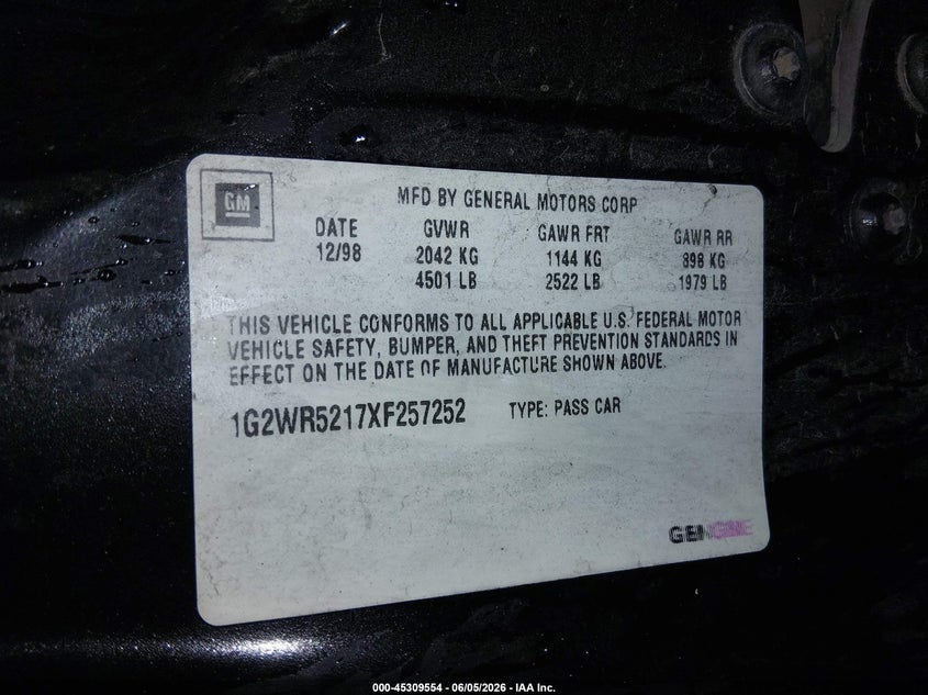 1999 Pontiac Grand Prix Gtp VIN: 1G2WR5217XF257252 Lot: 45309554
