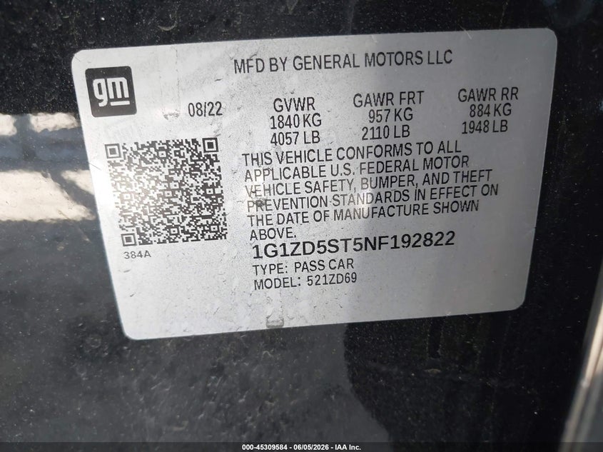 2022 CHEVROLET MALIBU 1.5L I-4 DI, DOHC, V(VIN: 1G1ZD5ST5NF192822
