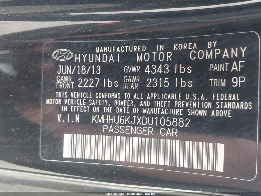 2013 Hyundai Genesis 3.8 Track VIN: KMHHU6KJXDU105882 Lot: 45309585
