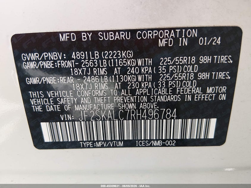 2024 SUBARU FORESTER 2.5L H-4 DI, DOHC, V(VIN: JF2SKALC7RH496784