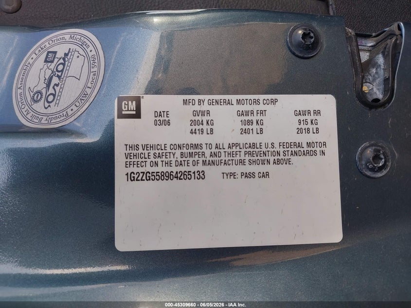 2006 Pontiac G6 VIN: 1G2ZG558964265133 Lot: 45309660