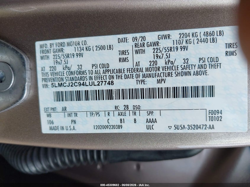 2020 Lincoln Corsair Reserve VIN: 5LMCJ2C94LUL27748 Lot: 45309682
