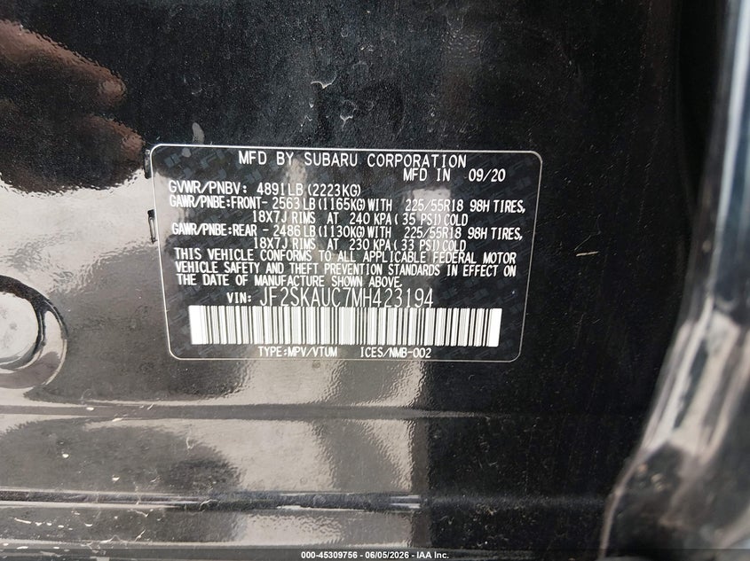 2021 SUBARU FORESTER SPORT UTILITY VEHICLE 2.5L H-4 DI, DOHC, VVT, 182HP