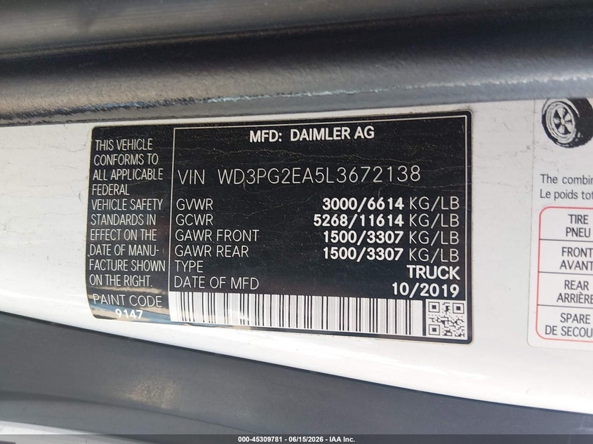 2020 Mercedes-Benz Metris VIN: WD3PG2EA5L3672138 Lot: 45309781