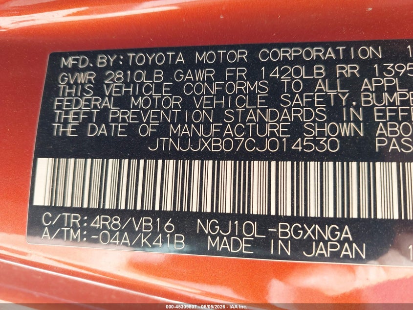 2012 Scion Iq VIN: JTNJJXB07CJ014530 Lot: 45309807