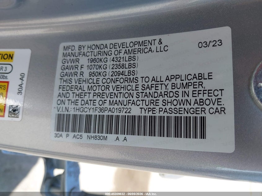 VIN 1HGCY1F36PA019722 2023 HONDA ACCORD EX