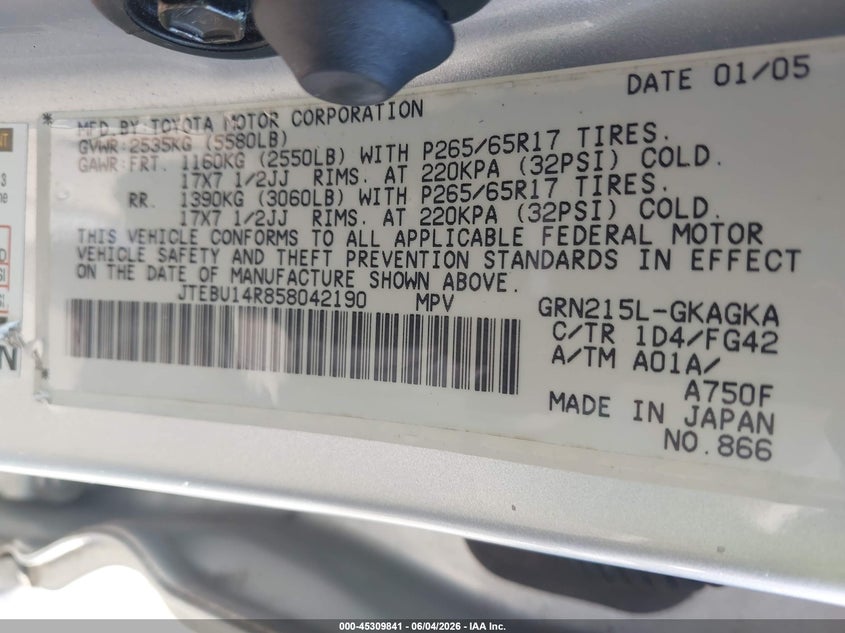 2005 Toyota 4Runner Sr5 V6 VIN: JTEBU14R858042190 Lot: 45309841