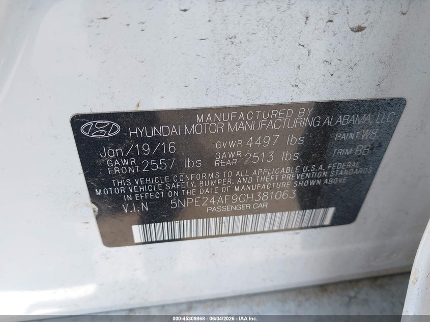 2016 Hyundai Sonata Se VIN: 5NPE24AF9GH381063 Lot: 45309868