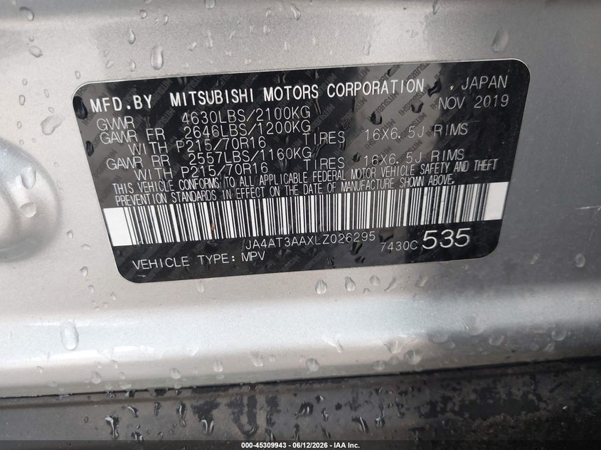 2020 Mitsubishi Eclipse Cross Es 1.5T Awc VIN: JA4AT3AAXLZ026295 Lot: 45309943