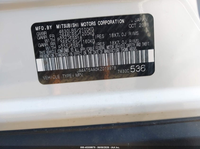2019 Mitsubishi Eclipse Cross Se/Sel VIN: JA4AT5AA0KZ019978 Lot: 45309979