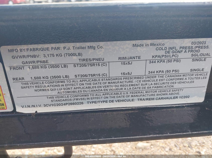 2023 Pj C4 20' Flatbed Trailer VIN: 3CV1C2024P2660226 Lot: 45309998