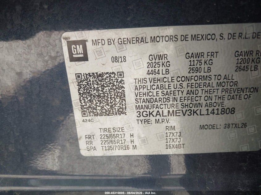2019 GMC Terrain Sle VIN: 3GKALMEV3KL141808 Lot: 45310005