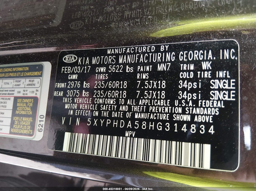 2017 KIA SORENTO SPORT UTILITY VEHICLE 3.3L V-6 DI, DOHC, VVT, 290HP