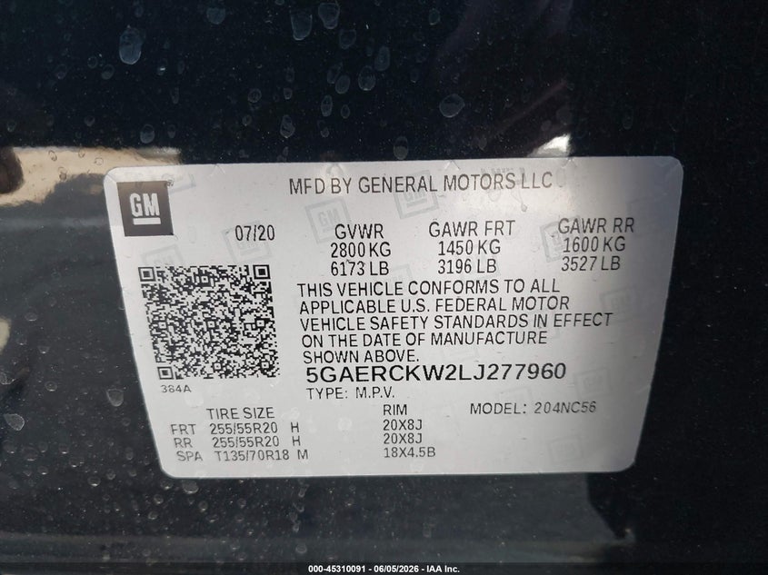 2020 BUICK ENCLAVE SPORT UTILITY VEHICLE 3.6L V-6 DI, DOHC, VVT, 310HP