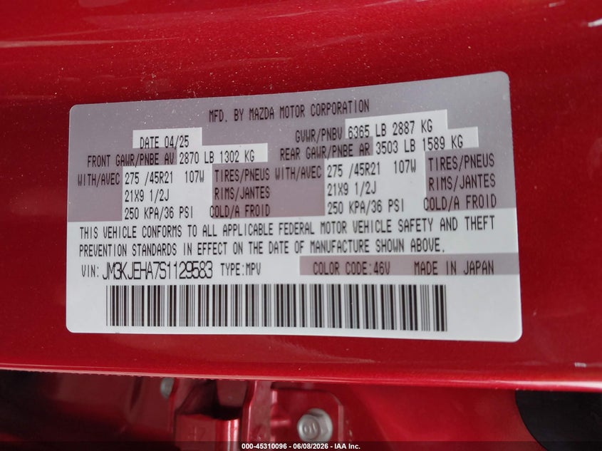 2025 Mazda Cx-70 Phev Premium Plus Package VIN: JM3KJEHA7S1129583 Lot: 45310096