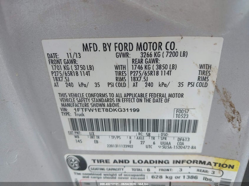 2013 Ford F-150 Lariat VIN: 1FTFW1ET8DKG31199 Lot: 45310101
