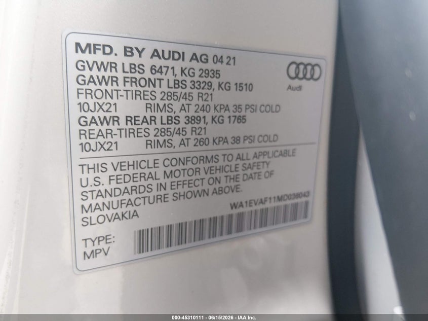 2021 Audi Q8 Premium Plus 55 Tfsi Quattro Tiptronic VIN: WA1EVAF11MD036043 Lot: 45310111