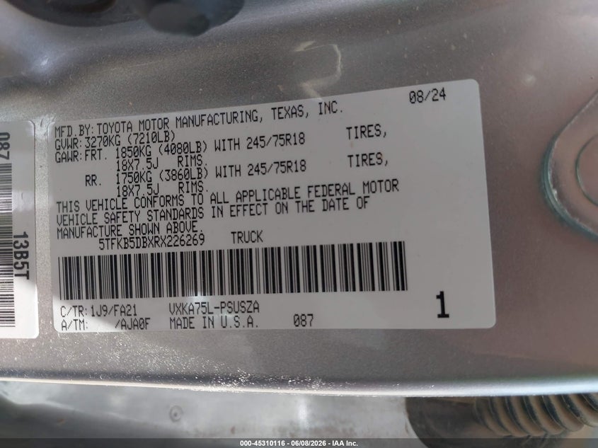 2024 TOYOTA TUNDRA 3.4L V-6 DI, DOHC, V(VIN: 5TFKB5DBXRX226269
